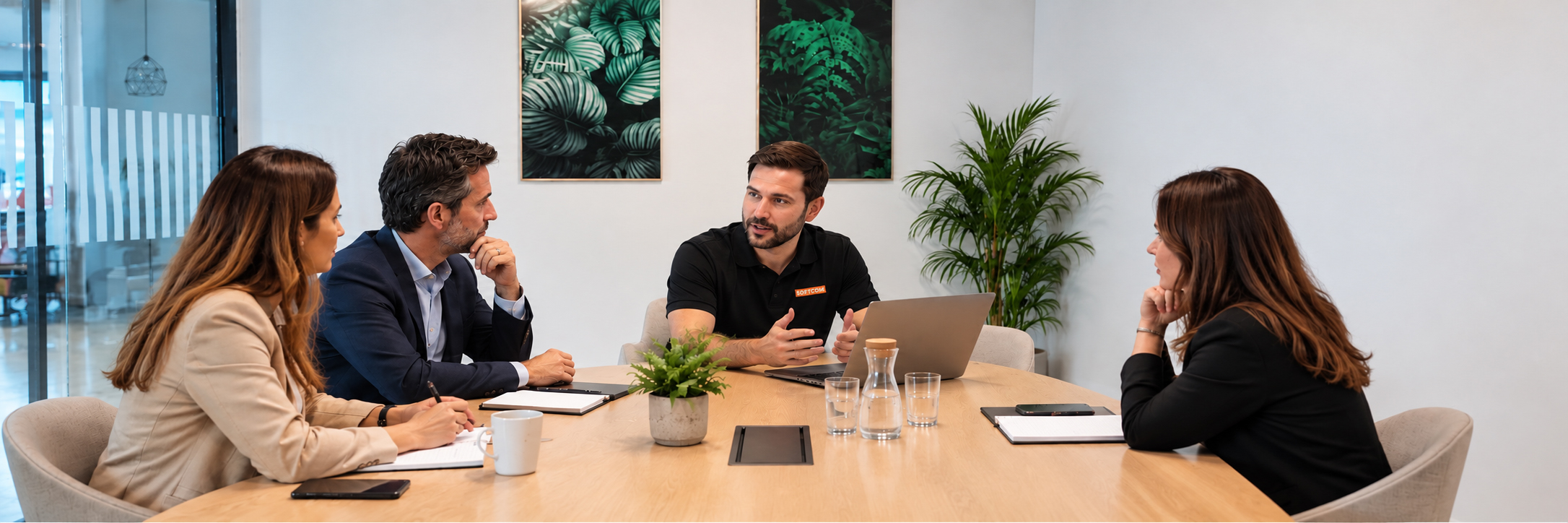 Miembro del equipo de Softcom reunido con clientes para trazar un plan para reforzar la seguridad de la empresa