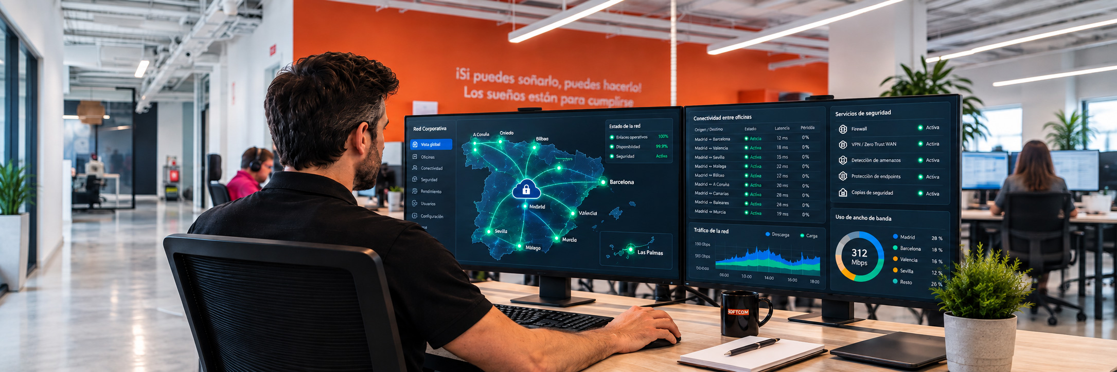 Informático gestionando la conectividad de la infraestructura IT de una empresa con varias oficinas