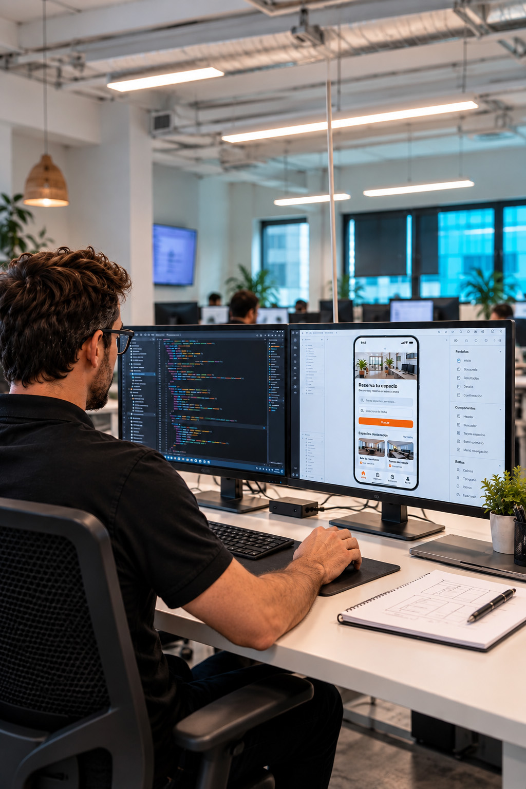 Miembro del equipo de Softcom trabajando en el desarrollo de una aplicación para una empresa