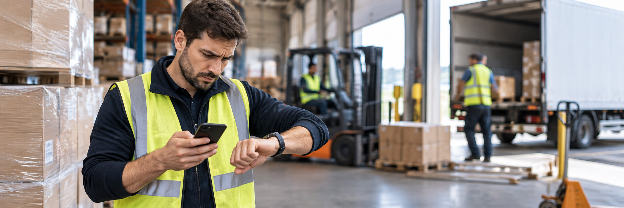 Operario de una empresa de logística controla el tiempo de trabajo con su aplicación desarrollada por Softcom