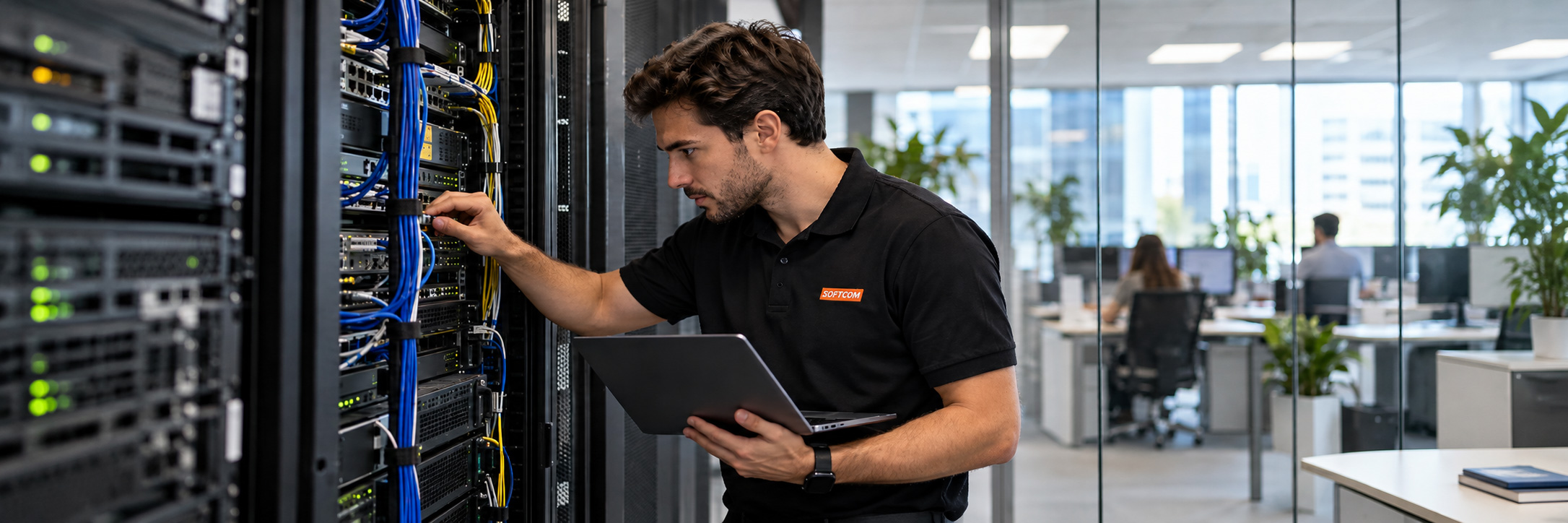 Técnico de Softcom en la oficina de unos clientes resolviendo una incidencia informática